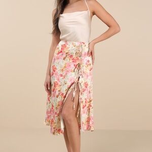 Lulus Nasima Cream Multi Floral Satin Midi Skirt White - Size M